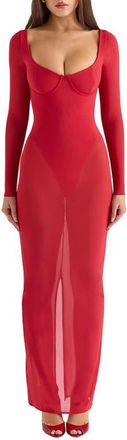 House of CB Everly Corset Long Sleeve Gown in Hauted Red at Nordstrom, Size X-Small D