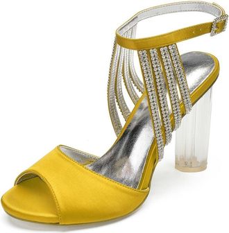 Generic Satin Wedding Bridal Shoes Womens Chunky Heels Open Toe Ankle Strap Heeled Evening Party Dress High Sandals 10.5Cm,Yellow,5 UK