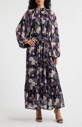 En Saison Jasmine Floral Tie Waist Maxi Dress in Black Purple Maue at Nordstrom Rack, Size X-Small