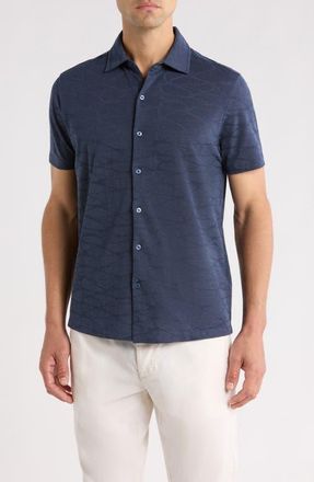 Robert Barakett Graham Short Sleeve Sleeve Knit Button-Up Shirt in Dark Caspian at Nordstrom, Size Xx-Large