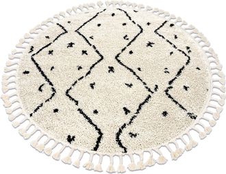 RugsX Rugsx - Alfombra Berber Tetuan B751 Circulo Zigzag Crema Franjas Bereber Marroqu&iacute; Shaggy Beige Circulo 120 Cm