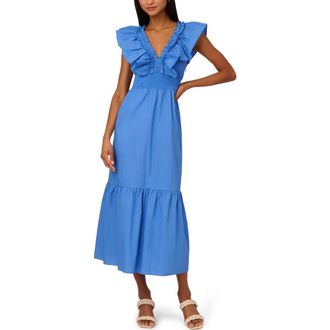 Adrianna Papell Ruffle Smocked Waist Maxi Dress in Cool Water at Nordstrom, Size 10