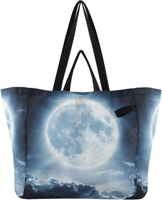 Generic Night Cloud Moon Cyan print Reusable Canvas Tote Bag, Heavy Duty Grocery Shopping Bag with Hard Bottom Double Handles Large Capacity Work Groceries Tr