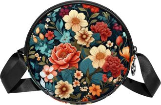 Generic Circle Crossbody Bag for Women, Floral Leaves Small Sling Bag Daypack with Zipper Adjustable Shoulder Straps Casual Ladies Girls Round Purse