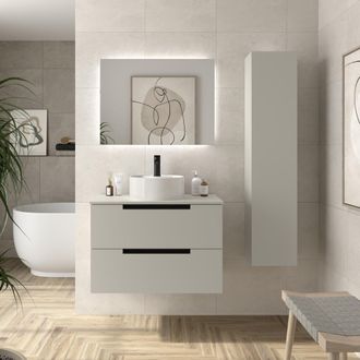 Cygnus Bath Mueble De Ba&ntilde;o Leni 80cm Gris Mate 2 Cajones Lavabo Sobre Encimera 1 Poza Porcelana