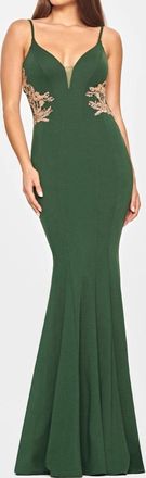Faviana Jersey Cutout With Applique Gown In Emerald/gold