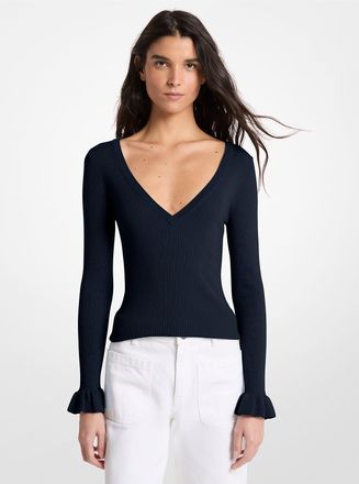 Michael Kors Ribbed Wool Blend V-Neck Sweater