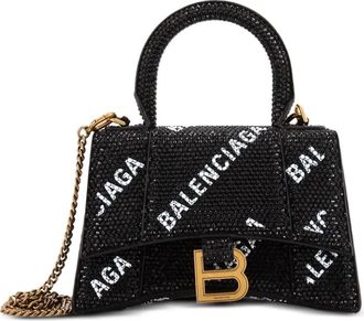 Balenciaga Hourglass Top Handle Bag Suede and Allover Logo Crystals XS satchel - Zwart