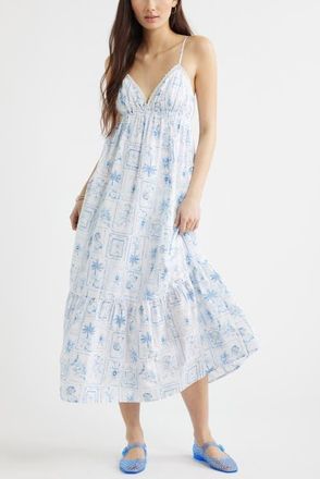 BP. Ruffle Hem Cotton Maxi Dress in White- Blue Vacation Stamp at Nordstrom, Size Xx-Small
