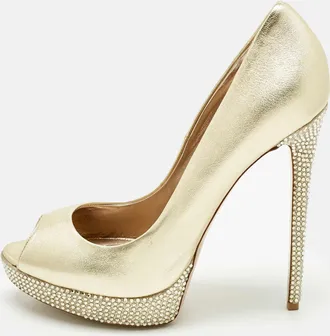 Le Silla Gold Leather Crystal Embellished Platform Pumps