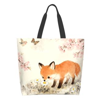 Generic Cute Fox Daisies Cherries Shopping Bag Reusable Carry Bag Waterproof Handbags For Camping Beach Ladies