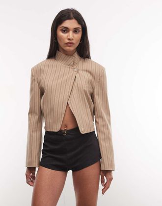 Asos blazer corto avvolgente con collo a V a righe beige-Nessun colore