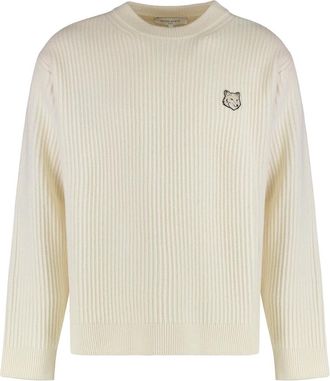 Maison Kitsun&eacute; Truien & Vesten, Heren, Beige, M, Wol, Lange Mouw Geribbelde Wollen Trui