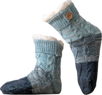 Generic Knitted Ultra-thick Slipper Home Socks, Tri-color Patchwork Cashmere Calf-Length Sock with Non-Slip Grippers for Women, Fluffy Fleece Lining for Warm 