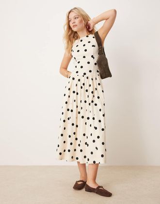 Abercrombie & Fitch high neck drop waist midi dress in black polka dot