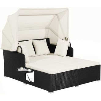 Costway Costway Cama De Rat&aacute;n Para Patio Con Capota, Tumbona De Rat&aacute;n Para 2 Personas, Paneles Laterales Plegables, Sof&aacute; Cama Doble Para Jard&iacute;n, Patio Trasero