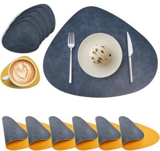 OEM Juego De 6 Manteles Individuales Y Posavasos Redondos De Piel Sint&eacute;tica (pu): De Doble Cara, Impermeables, Lavables, Antideslizantes Y Resistentes Al 
