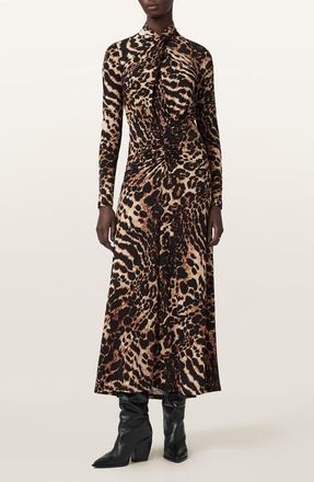 AllSaints Mina Ruched Print Long Sleeve Maxi Dress in Pardus Honey Brown at Nordstrom, Size 12 Us