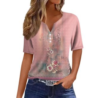 Generic Retro Floral Print Summer Tops for Women UK 2024 Casual Short Sleeve Shirts Dressy Sexy Buttons V Neck Henley Tops Trendy Vintage Graphic Tees for Wom