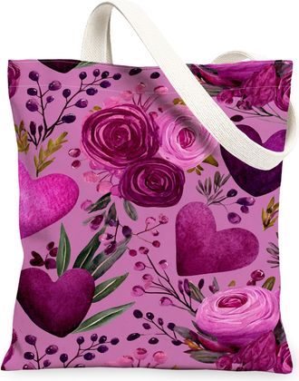 Generic Romantic Floral Canvas Tote Bags, Heart Pattern Reusable Shopping Bags, Lightweight Washable Shoulder Strap Canvas for Outd, Peach, 13x15 Inch