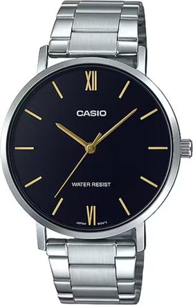 Casio Mens Black Dial Analog Watch with Gold Accents Steel Bracelet - MTP-VT01D-1BUDF