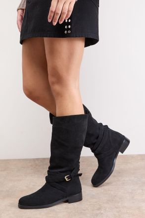 Oasis Womens Ava Faux Suede Mid-Calf Buckle Boots - Black - Size UK 4