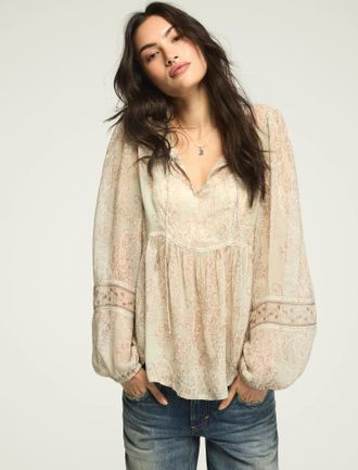 Lucky Brand Womens Long Sleeve Paisley Print Mix Peasant Top