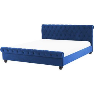 Beliani Cama De Agua De Terciopelo Azul Marino Madera Oscura 160 X 200 Cm Avallon