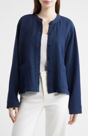 Eileen Fisher Mandarin Textured Stretch Organic Cotton Shirt Jacket in Ink at Nordstrom, Size Xx-Small