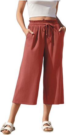 Generic Womens Capris Trousers Cotton Linen Drawstring Elastic High Waist Pants Summer Solid Color Straight Wide Leg 3/4 Length Trousers Ladies Loose Casual P
