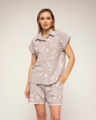 Tantra Gestreepte blouse met borduursels en korte mouwen met omslag