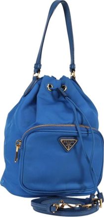 Prada Drawstring Bucket Bag Tessuto Blue Nylon Handbag (Pre-Owned)