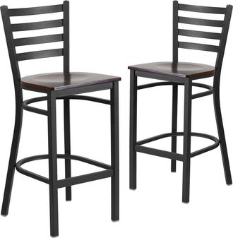 Flash Furniture 2 Pk. Black Ladder Back Metal Restaurant Barstool - Walnut Wood Seat
