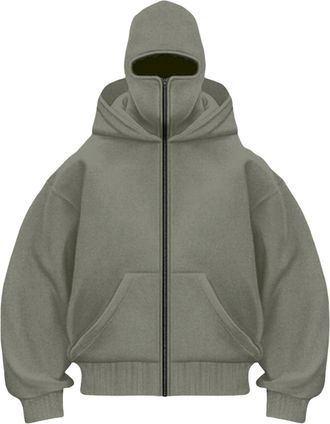Generic Balaclava Hoodie with Mask Built In Balaclava Full Zipper Double Hooded Coat Oversized Wind Resistant Warm Travel Hoodie with Face Mask Built In Winte
