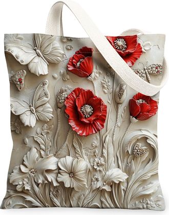 Generic Spring Relief Poppy Flower Canvas Tote Bag for Shopping 13x15, Luxury Floral Wildflower Reusable Grocery Print Pattern Bag for Women Men, Garden Aesth