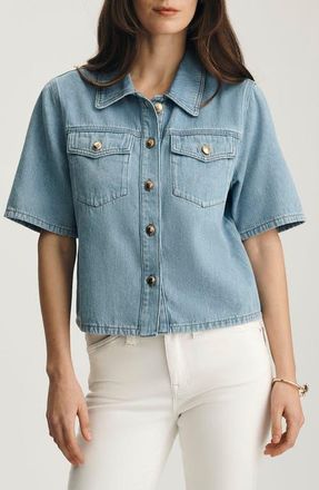 Mavi Dafne Denim Short Sleeve Button-Up in Light Gold Premium at Nordstrom, Size X-Large