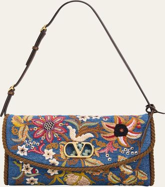 Valentino Garavani Devain Small Embroidered Denim Shoulder Bag