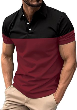 Generic Mens Short Sleeve Polo Shirt Casual Button Down Summer Blouse Classic Collared Golf T-Shirt,Red,L