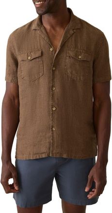 Faherty Reserve Basque Houndstooth Linen Camp Shirt in Dark Oakwood Pincheck at Nordstrom Rack, Size Xx-Large