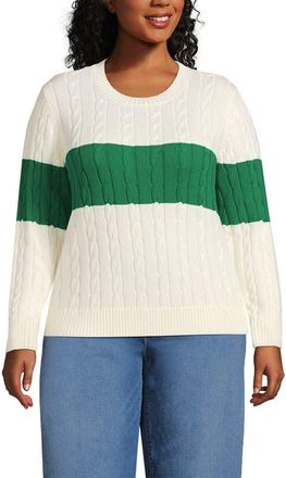 Lands End Plus Size Drifter Classic Cable Crew Neck Sweater in Single Stripe/vibrant Clover at Nordstrom, Size 3X