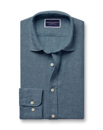 CHARLES TYRWHITT Pure Linen Shirt - Airforce Blue Size Large by Charles Tyrwhitt