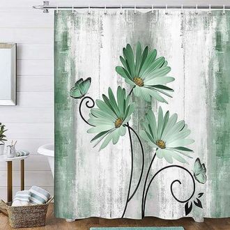 OEM Cortina De Ducha Estilo Casa De Campo - Estampado Floral De Margaritas Y Mariposas En Verde Salvia, Fondo Con Vetas De Madera, Turquesa/verde Azulado/