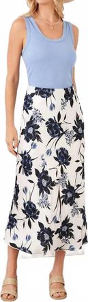 Karen Kane Satin Bias Cut Midi Skirt In Ivory Navy Blue Floral Print