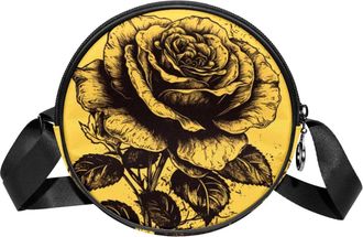 Generic Circle Crossbody Bag for Women, Yellow and Black Rose Small Sling Bag Daypack with Zipper Adjustable Shoulder Straps Casual Ladies Girls Round Purse