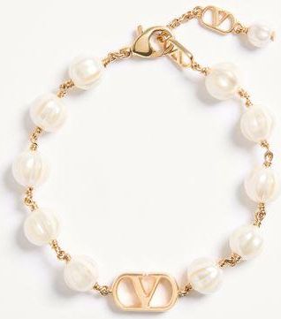Valentino Garavani Bracciale VLogo Signature in Metallo e Perle in Vetro Donna ORO/CREMA M
