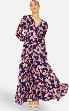 Yumi Orchid Floral Pleated Wrap Maxi Dress in Navy at Nordstrom, Size 10