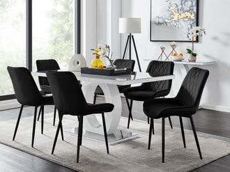 Furniturebox Giovani 6-Seater Grey Glass Dining Table & 6 Pesaro Soft Velvet Dining Chairs in Black
