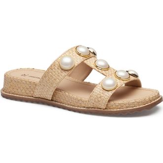 Johnston & Murphy Chandler Embellished Wedge Slide Sandal in Natural Raffia at Nordstrom, Size 8.5