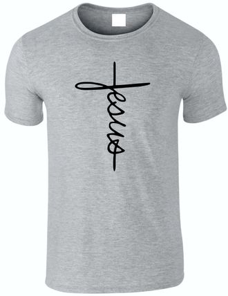 Generic Jesus T-Shirt Vertical Cross Religious Affection Spritual Top (UK, Alpha, L, Regular, Regular, Heather Grey)