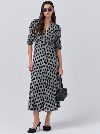 Ghost London Mia Crepe Polka Dot Midi Tea Dress in Black Spot Floral at Nordstrom, Size 14